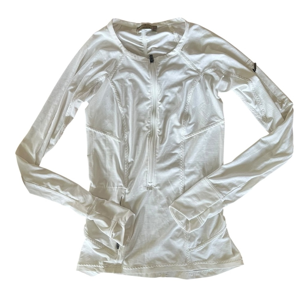 ATHLETA Women‎ XXS White Zip Neck Lightweight Poly Knit Long Sleeve Pullover